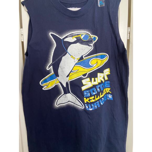 The Children's‎ Place Boys Tank Top Size XL 14 Navy Blue Shark Surf Killer Waves - Picture 3 of 6